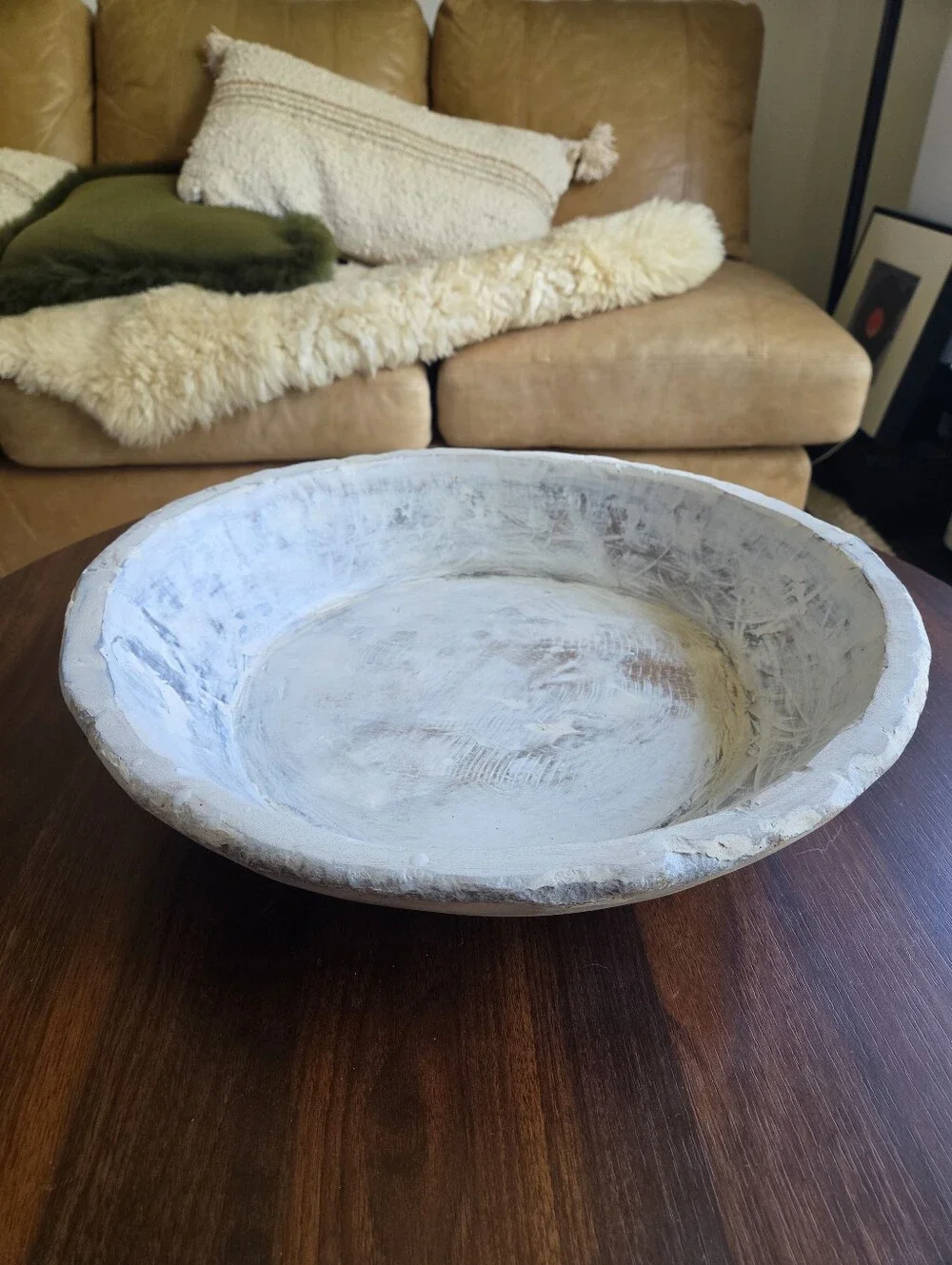 J.C. & Rollie Large Round Wooden Dough Bowl White Distressed Rustic Farmhouse Pr